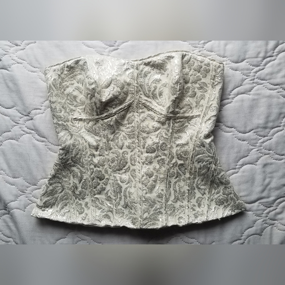White House Black Market Cream/White Bustier with Silver Embroidery Detail